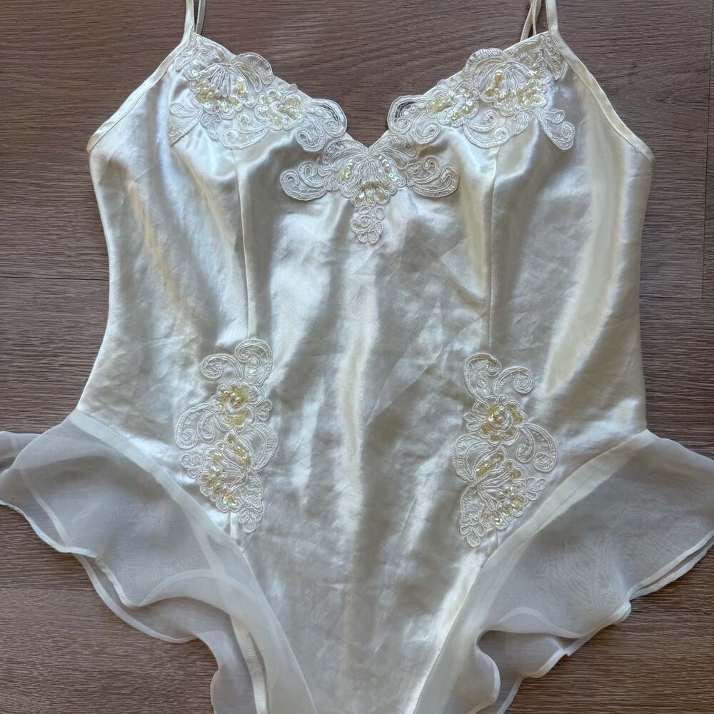 Vintage Victoria's Secret Ivory Satin Beaded Lace Teddy Bodysuit